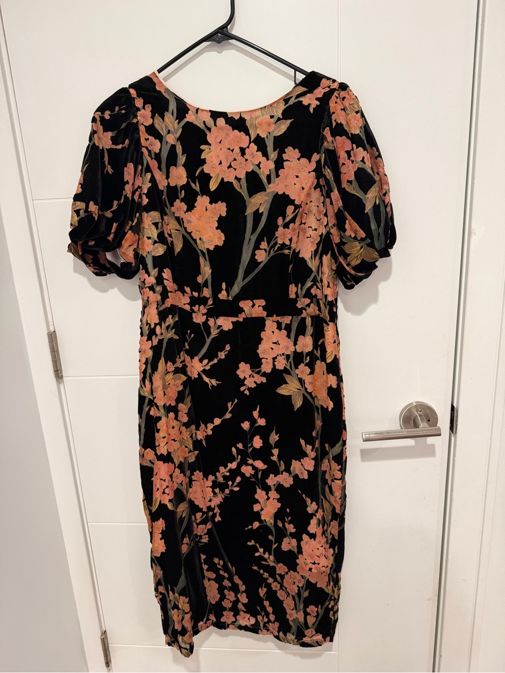 Ivy City Co Black Velvet Midi Dress with Peach Floral Print